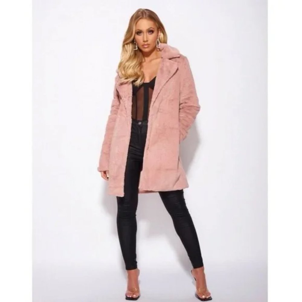 Pink Faux Fur Long Sleeve Lapel Collar Loose Fit Oversized Coat - Picture 13 of 17